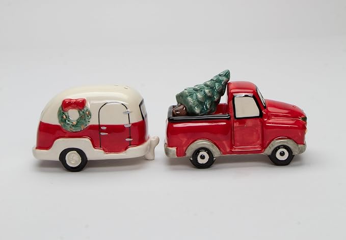 Cosmos Gifts Fine Ceramic Christmas Vintage Truck with Camper Salt and Pepper Shakers Set of 3 3-3/4" L