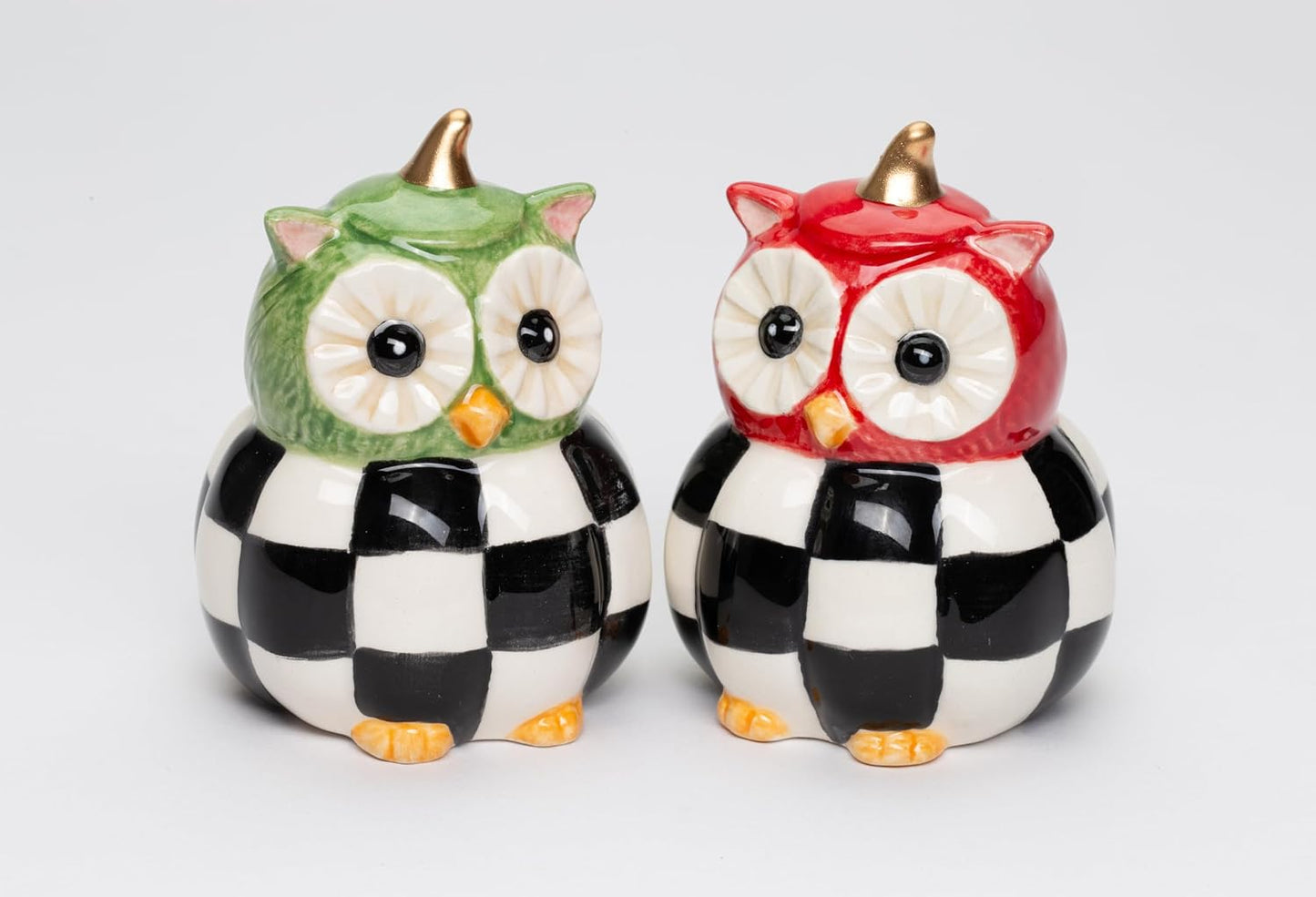 Cosmos Gifts Fine Ceramic Owl Couple with Checkered Pumpkin Salt & Pepper Shakers Set 2-3/4" H