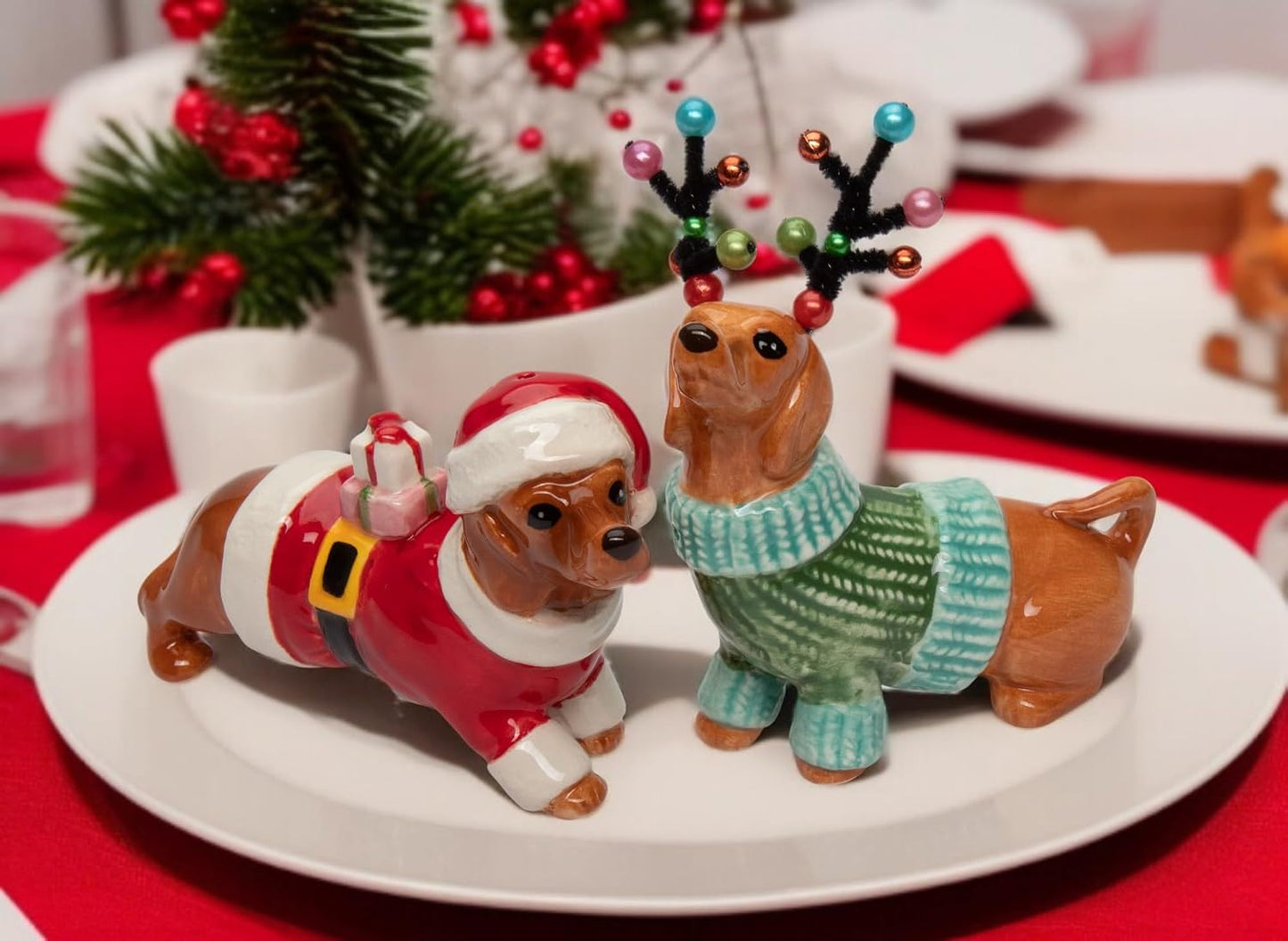 Cosmos Gifts Fine Ceramic Christmas Dachshund Dogs Salt & Pepper Shakers Set 3-7/8" H