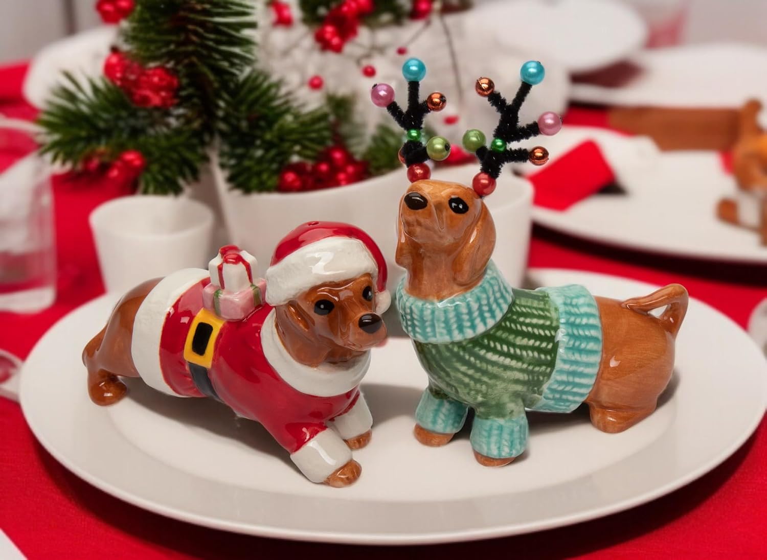 Cosmos Gifts Fine Ceramic Christmas Dachshund Dogs Salt & Pepper Shakers Set 3-7/8" H