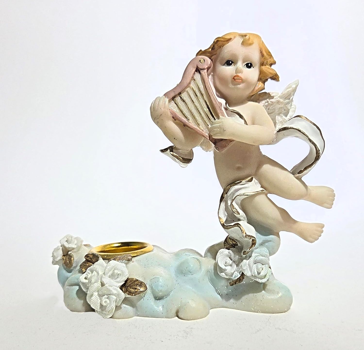 Party Favors Plus White Gold Polyresin Angel Figurine Candle Holder 4 Inch