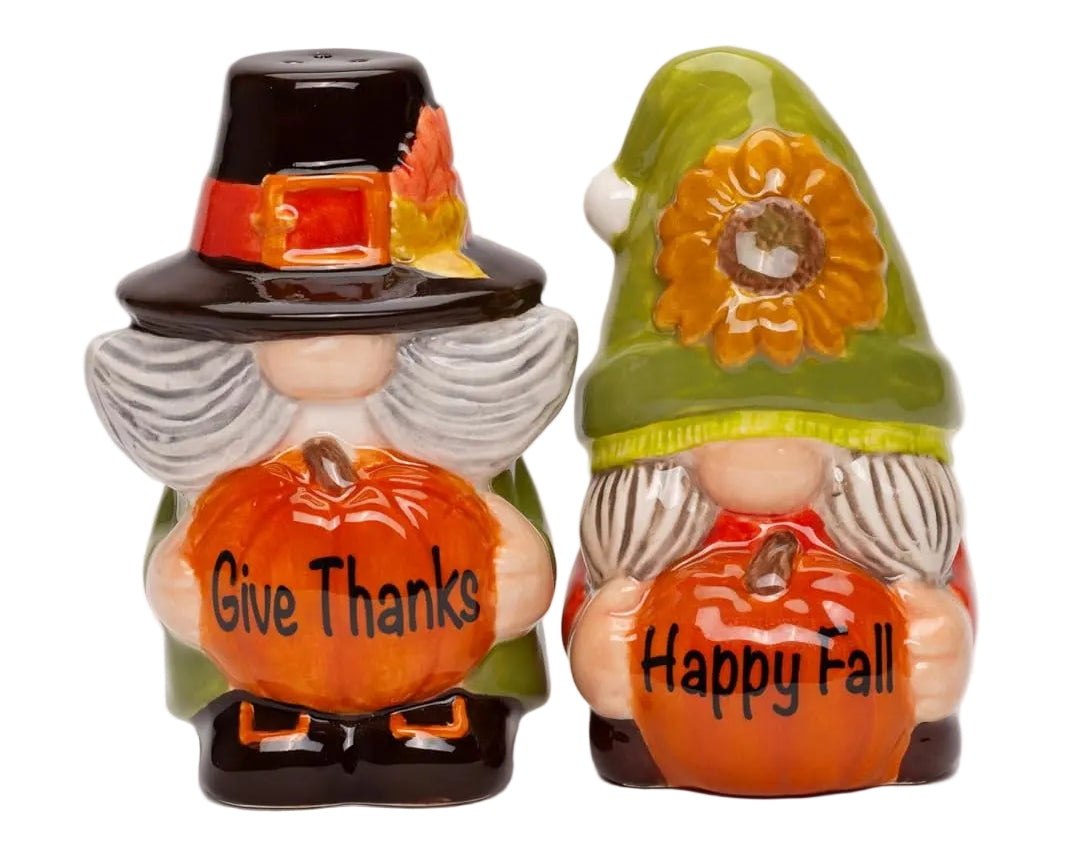 Fine Ceramic Gnome Thanksgiving Pumpkin Happy Fall Gives Thanks Salt & Pepper Shakers Set, 3-3/4" H