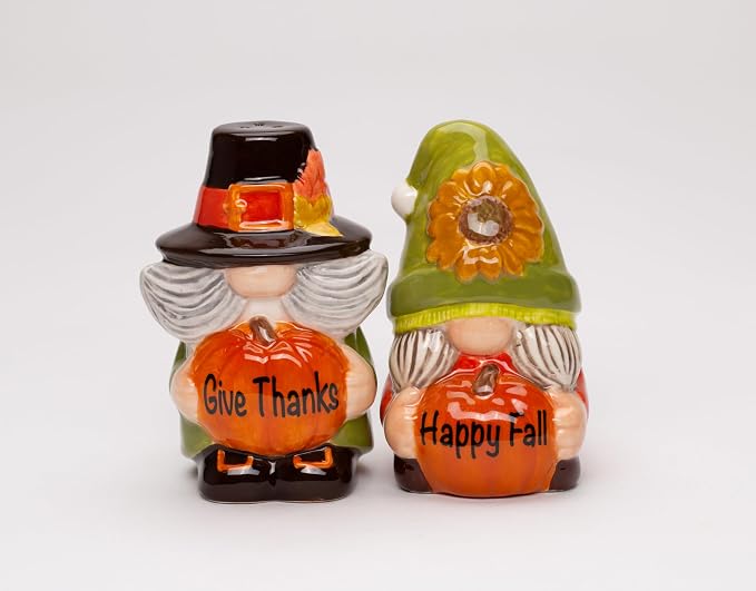 Cosmos Gifts Fine Ceramic Gnome Thanksgiving Pumpkin Happy Fall Salt & Pepper Shakers Set 3-3/4" H