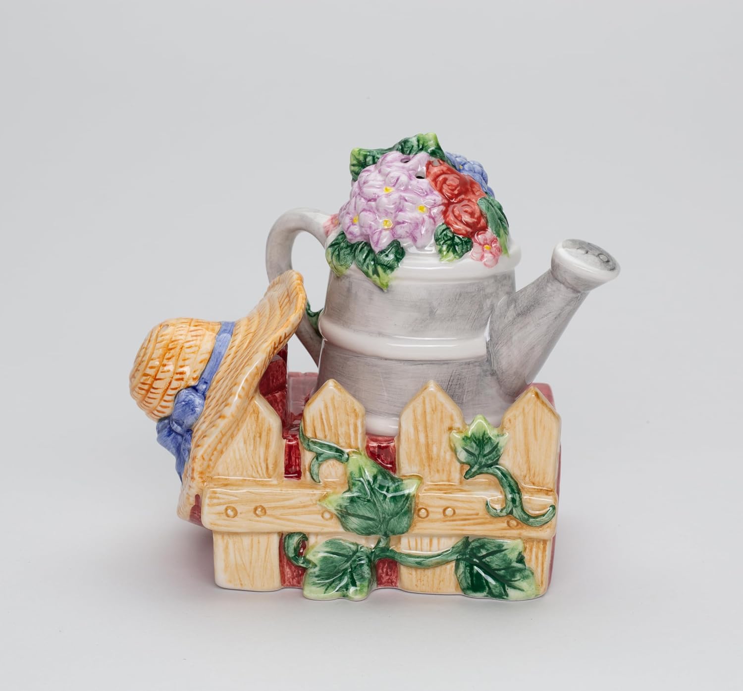Cosmos Gifts Fine Ceramic Garden Watering Can & Straw Hat Designs Salt & Pepper Shakers Set 3-1/2" H
