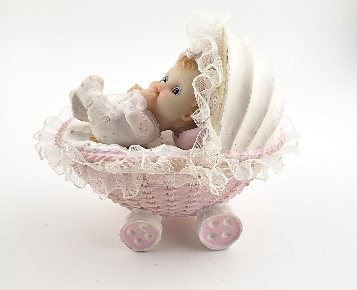 Party Favors Plus Pink White Polyresin Baby in Bassinet Figurine 4 Inch