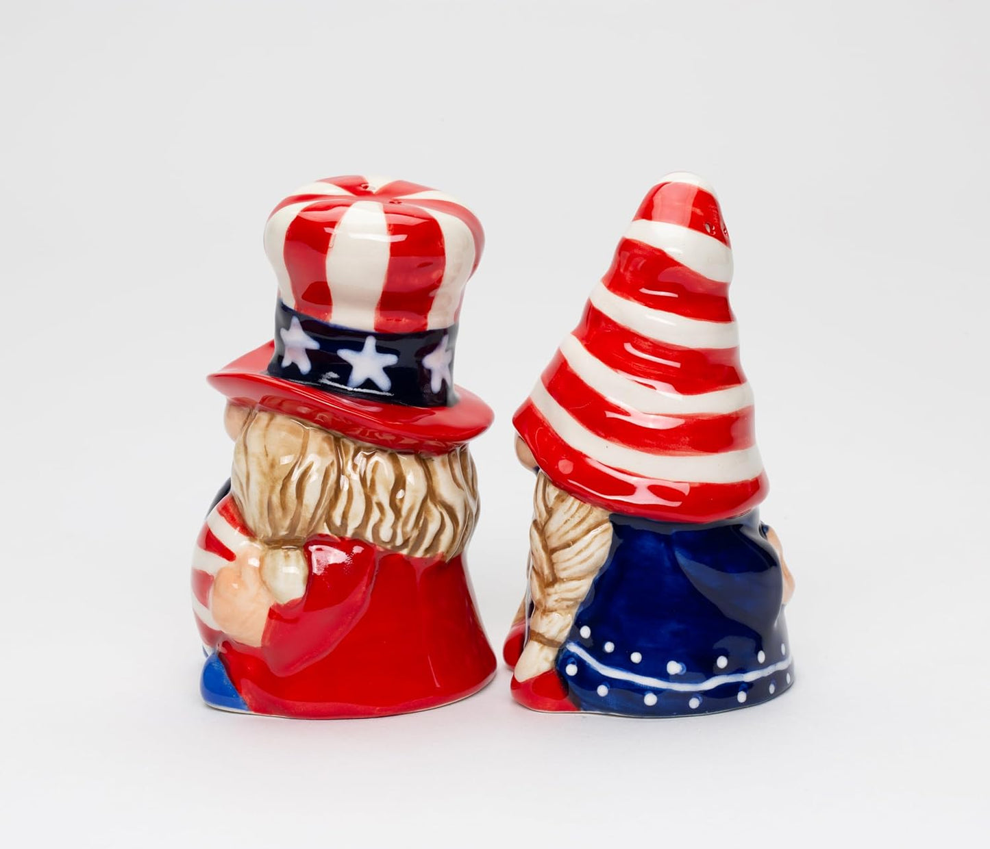 Cosmos Gifts Fine Ceramic Fourth of July Independence Day Gnome Patriotic Couple Salt and Pepper Shakers Set 3-5/8" H Red White Blue
