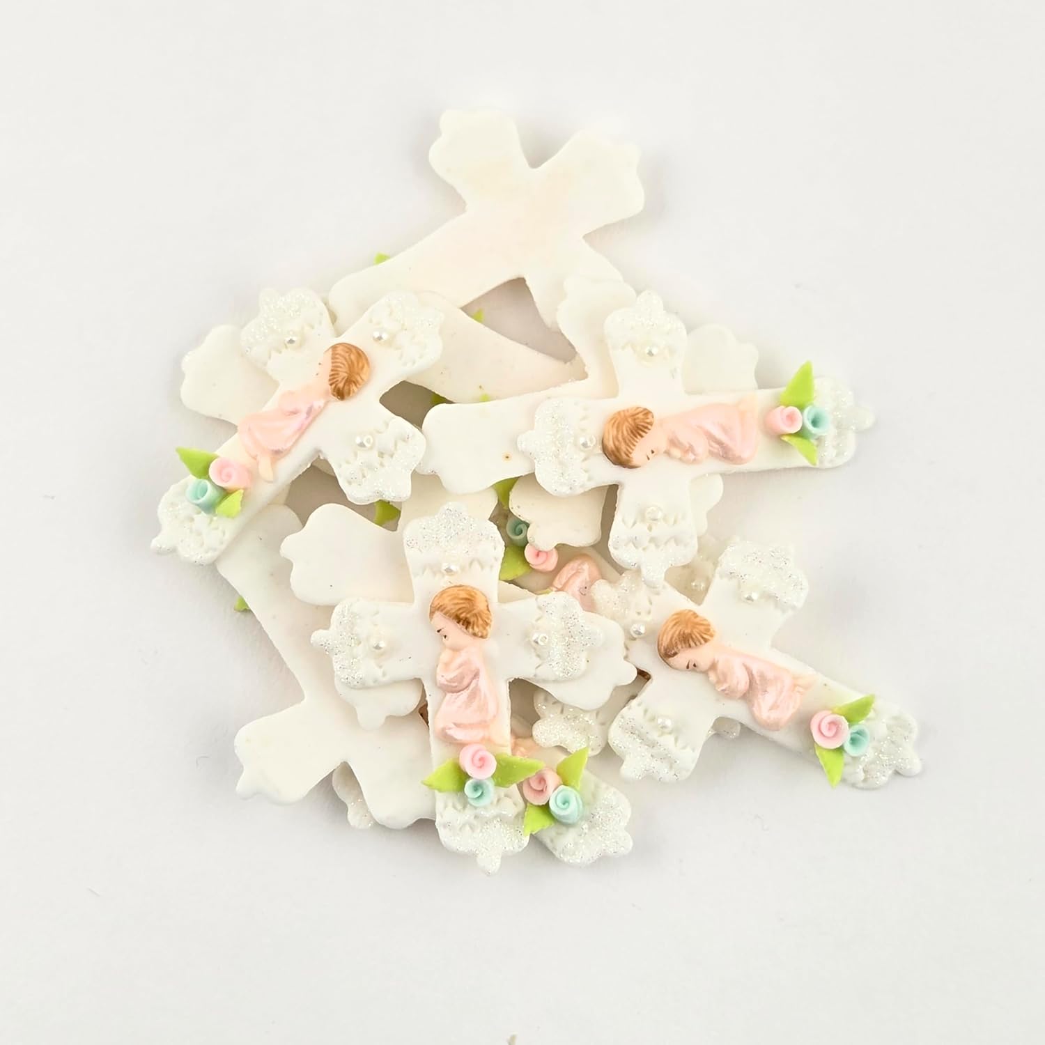 Party Favors Plus Cold Porcelain Cross Capia Figurines Pink White Glitter 12 Count