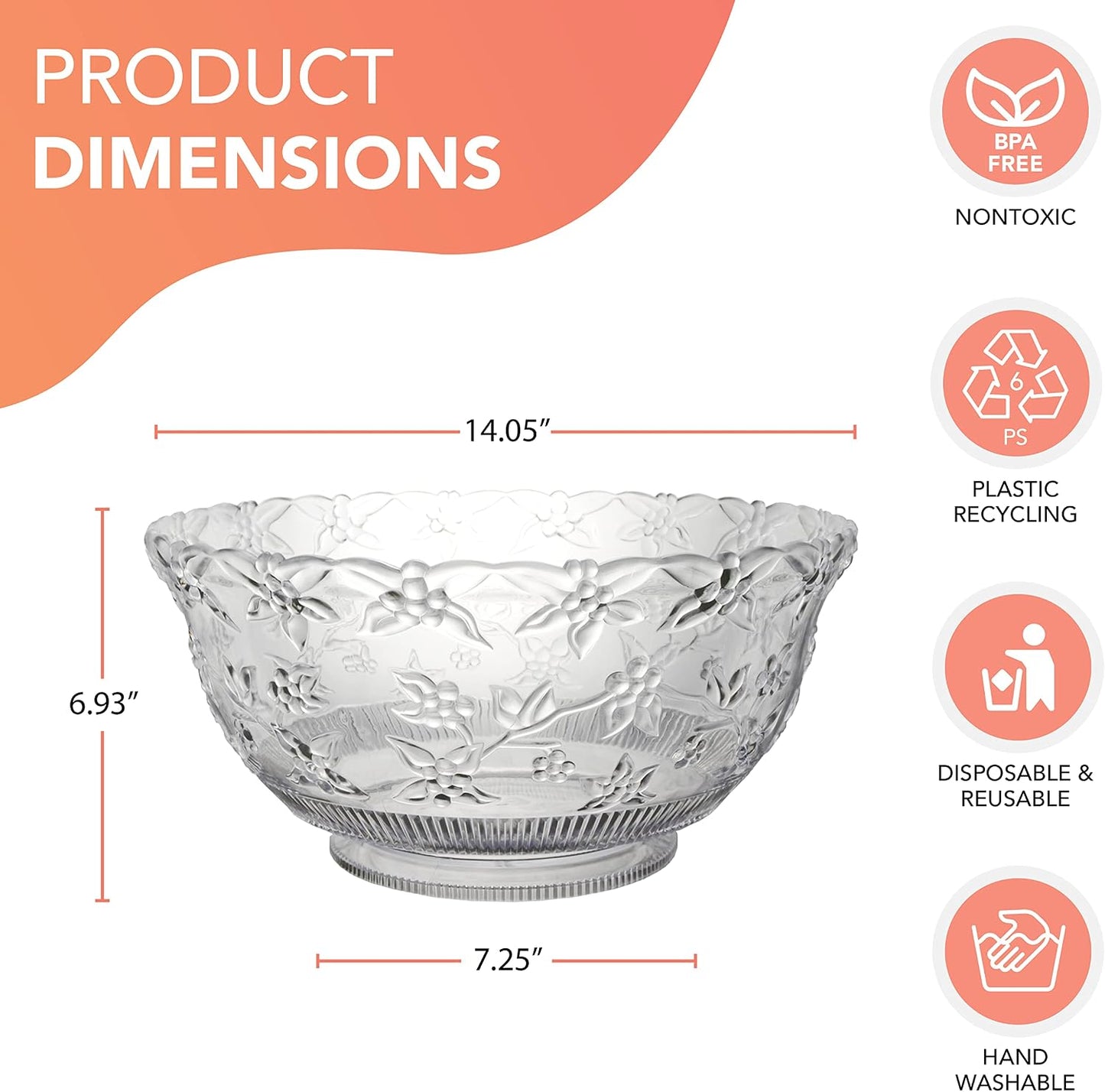 Party Essentials Hard Plastic 12-Quart Embossed Clear Punch Bowl