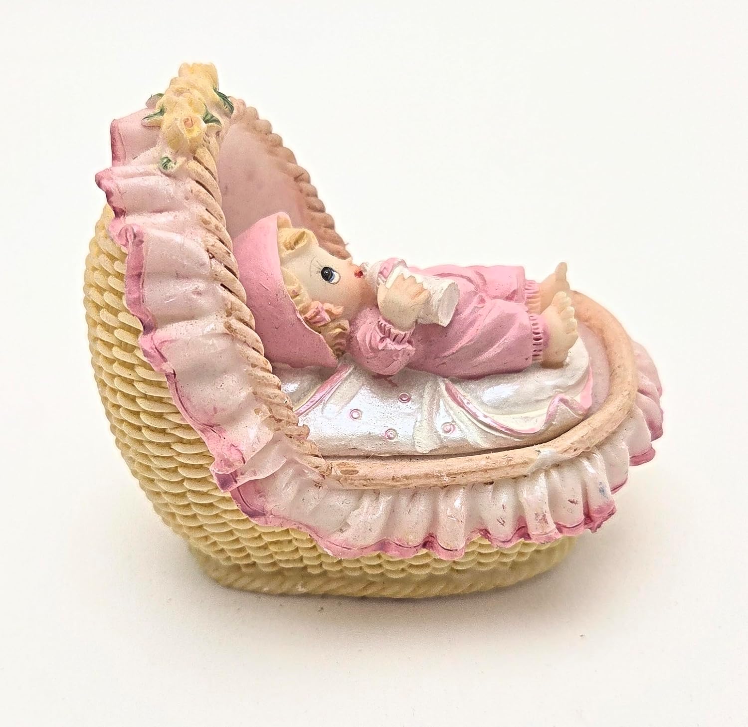 Party Favors Plus Pink White Polyresin Baby Bassinet Figurine 3.5 Inch Set of 2