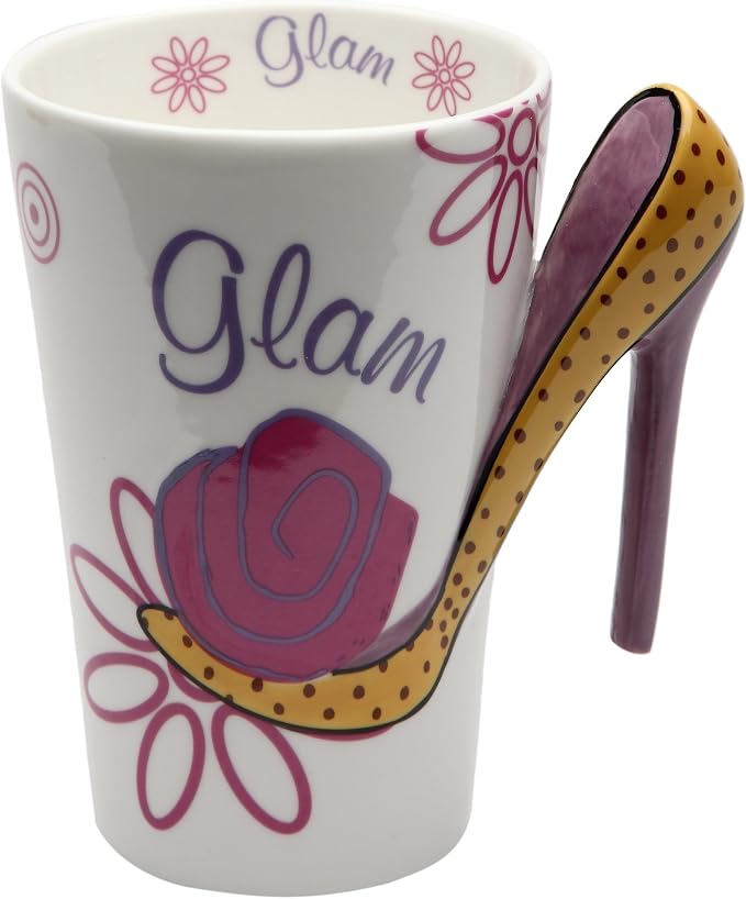 StealStreet 5" White Painted Glam Mug with Flowers and Stiletto Heel Porcelain 12 oz