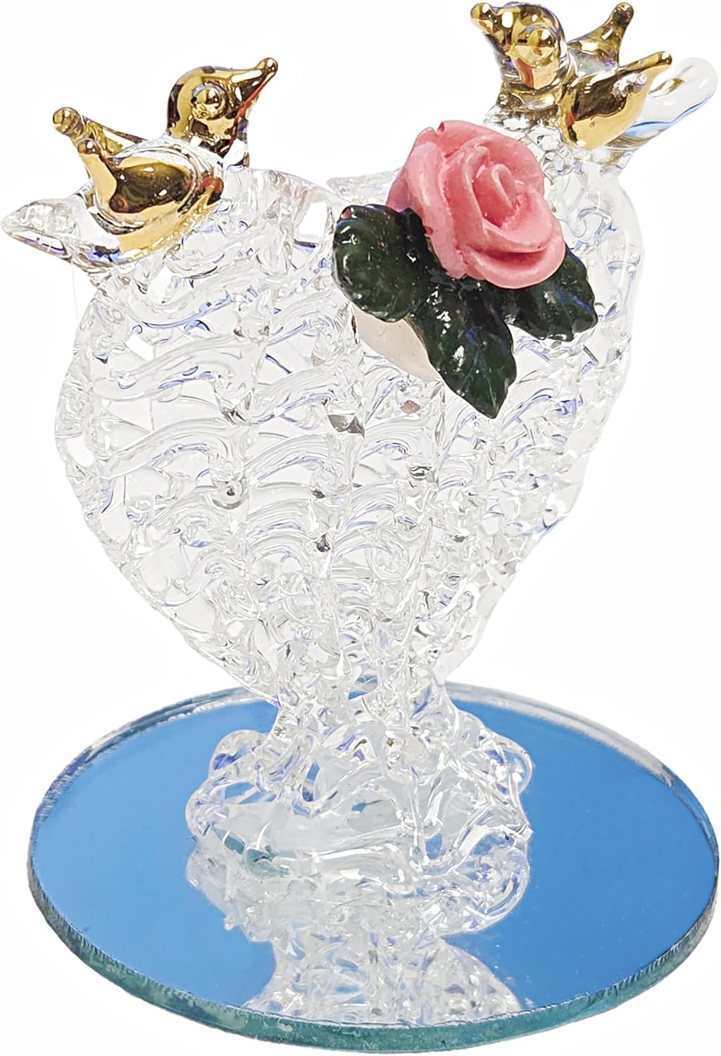 Party Favors Plus Glass Heart Figurine Gold Love Birds Pink Rose 2.5 Inch