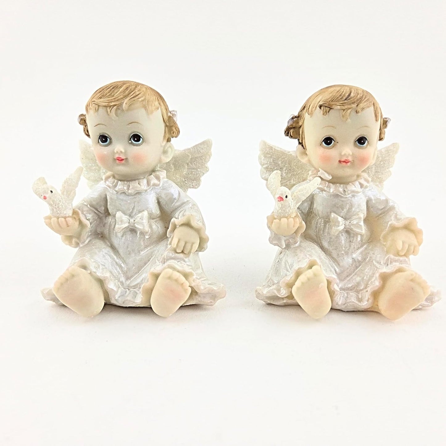 Party Favors Plus Sitting Baby Angel with Dove Figurine White Gold Polyresin 3 Inch Set of 2