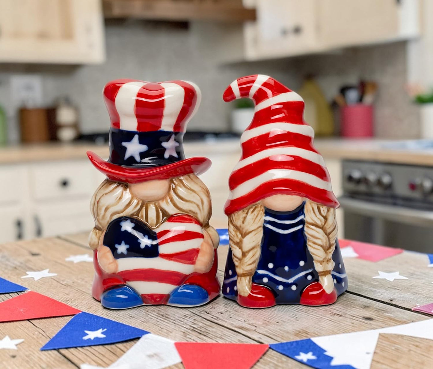 Cosmos Gifts Fine Ceramic Fourth of July Independence Day Gnome Patriotic Couple Salt and Pepper Shakers Set 3-5/8" H Red White Blue