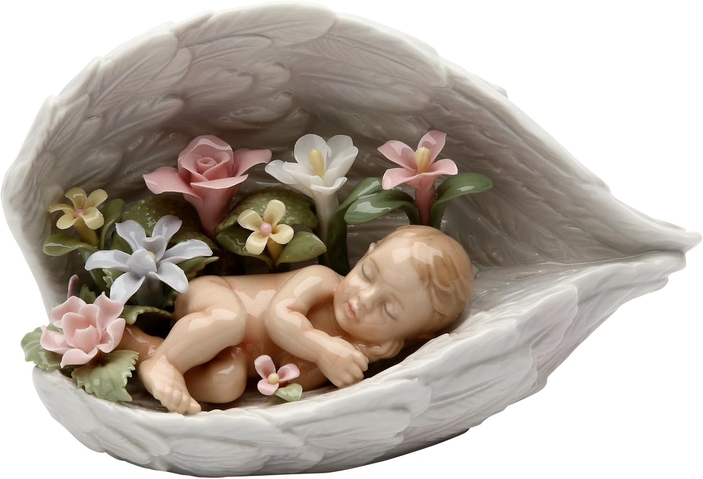 Cosmos Gifts Fine Ceramic Baby in Guardian Angel Wings Musical Figurine 6" H White
