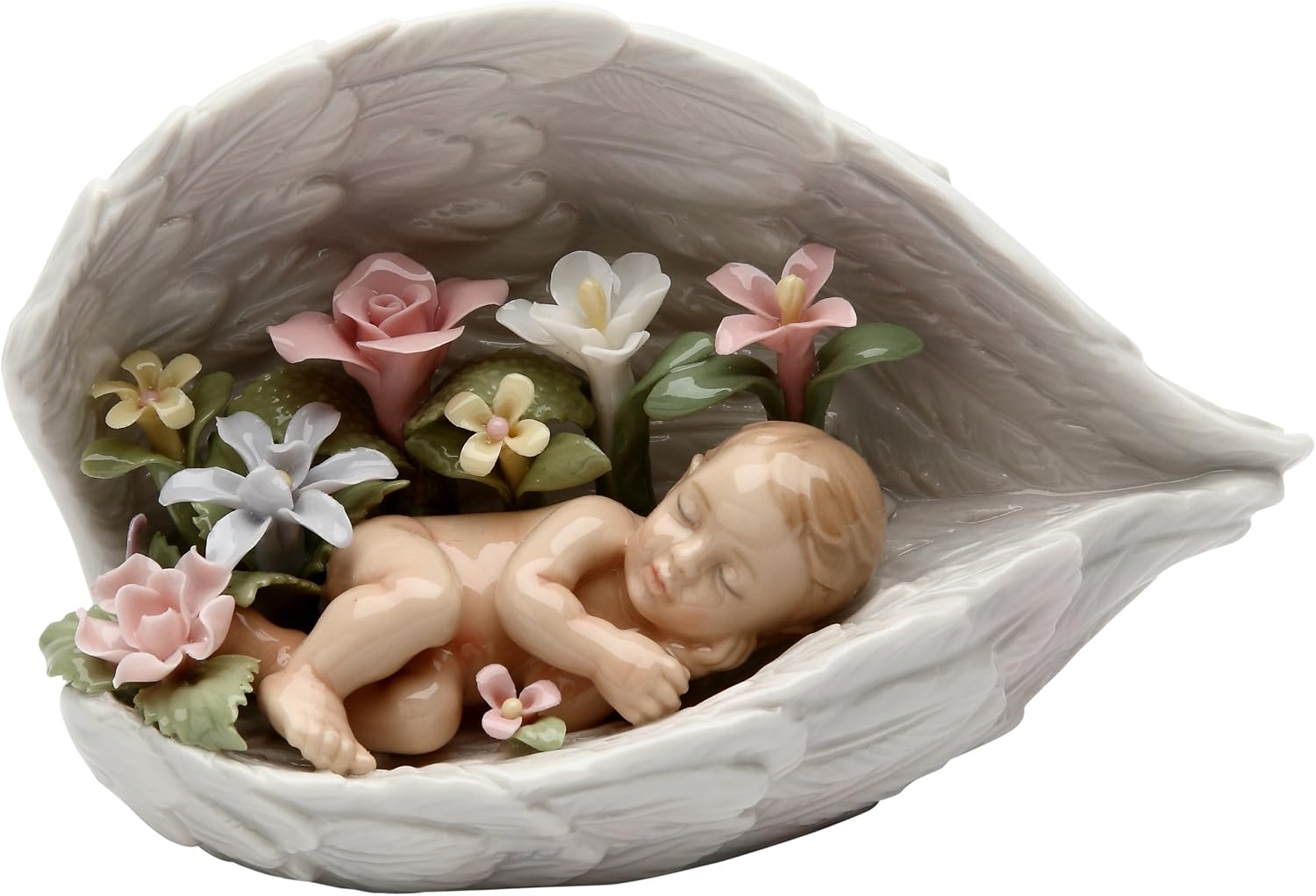Cosmos Gifts Fine Ceramic Baby in Guardian Angel Wings Musical Figurine 6" H White