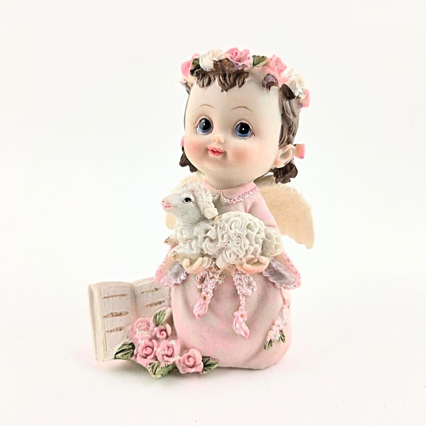 Party Favors Plus Baby Girl Angel Figurine with Lamb Pink Dress Polyresin 4.25 Inch