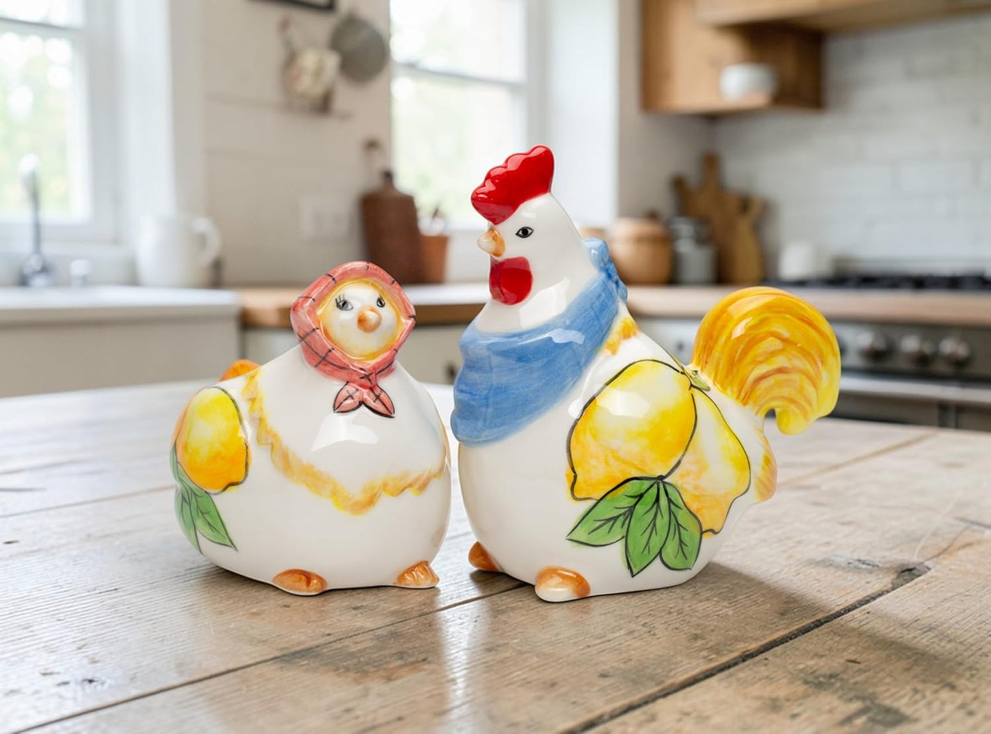 Cosmos Gifts Fine Ceramic Tuscany Country Summer Lemon Rooster & Hen Salt & Pepper Shakers Set 3-3/4" H