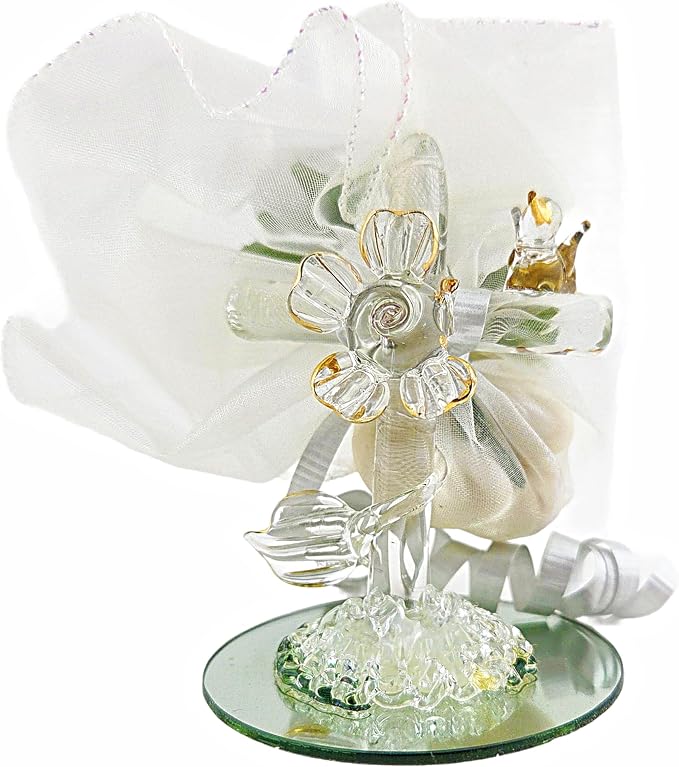 Party Favors Plus Crystal Cross Figurine Favor Tulle Ribbon Mirrored Base 2.5 Inch