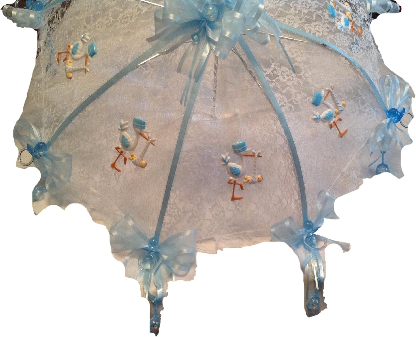 Party Favors Plus White Lace Baby Shower Umbrella Blue Storks Pacifiers Rattles 36 Inch