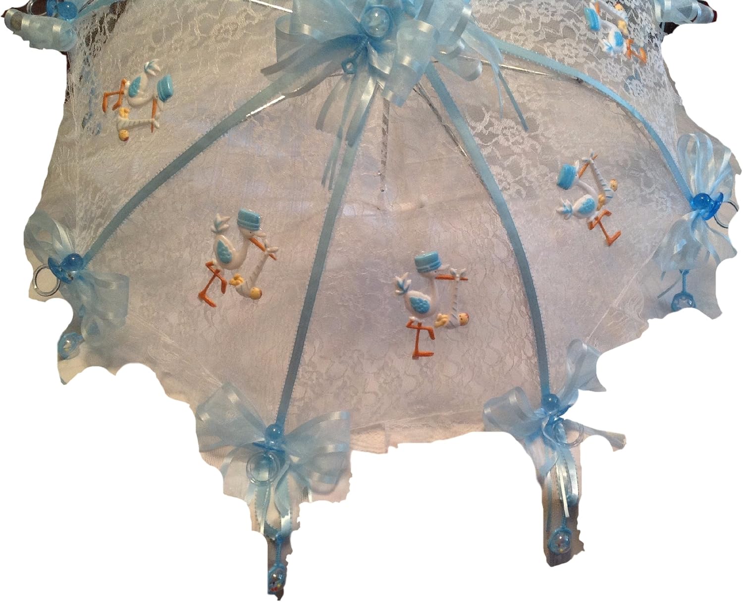 Party Favors Plus White Lace Baby Shower Umbrella Blue Storks Pacifiers Rattles 36 Inch
