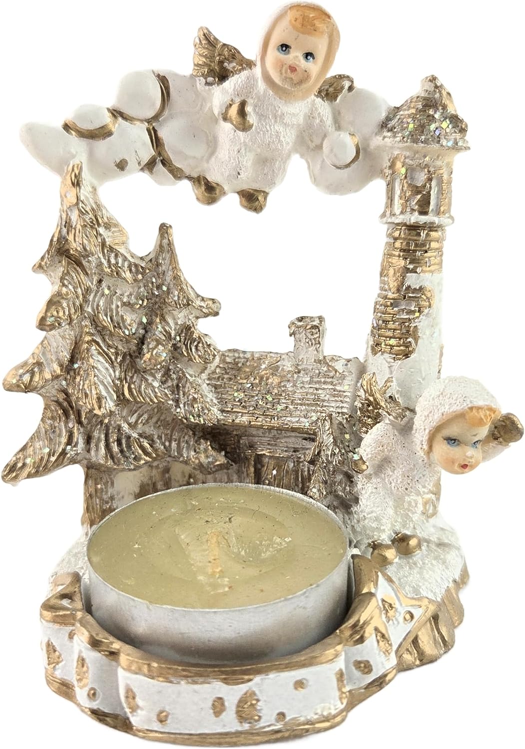 Party Favors Plus White Gold Polyresin Angel Figurine Tea Light Holder Set of 2