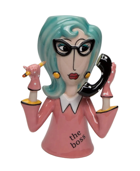 Cosmos Gifts Fine Ceramic Hand Painted Pink Boss Lady Makeup Brushes Holder Vase 6" H 61872