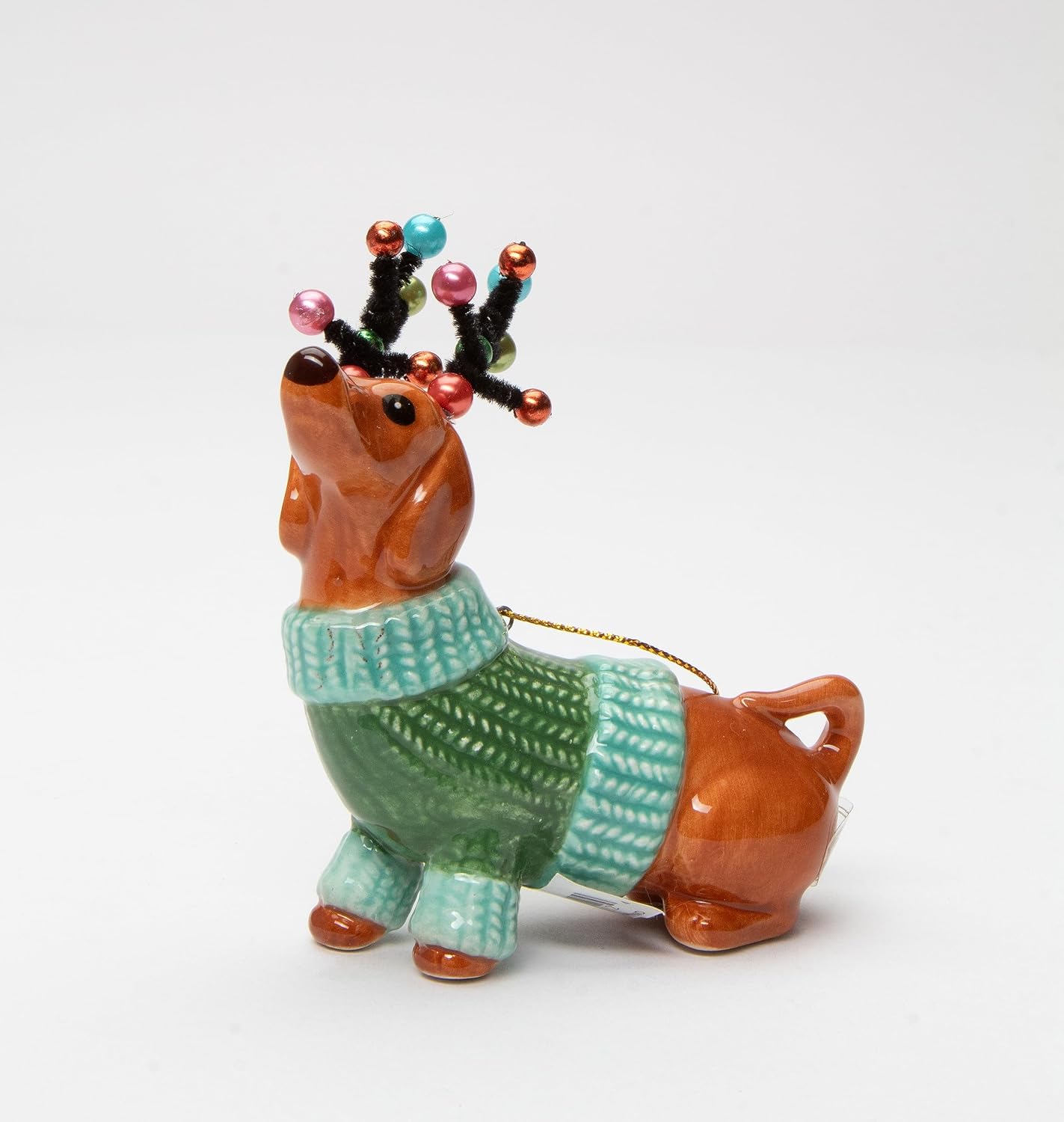 Cosmos Gifts Fine Ceramic Dachshund Dog in Green Sweater with Reindeer Antlers Ornament 3-7/8" H