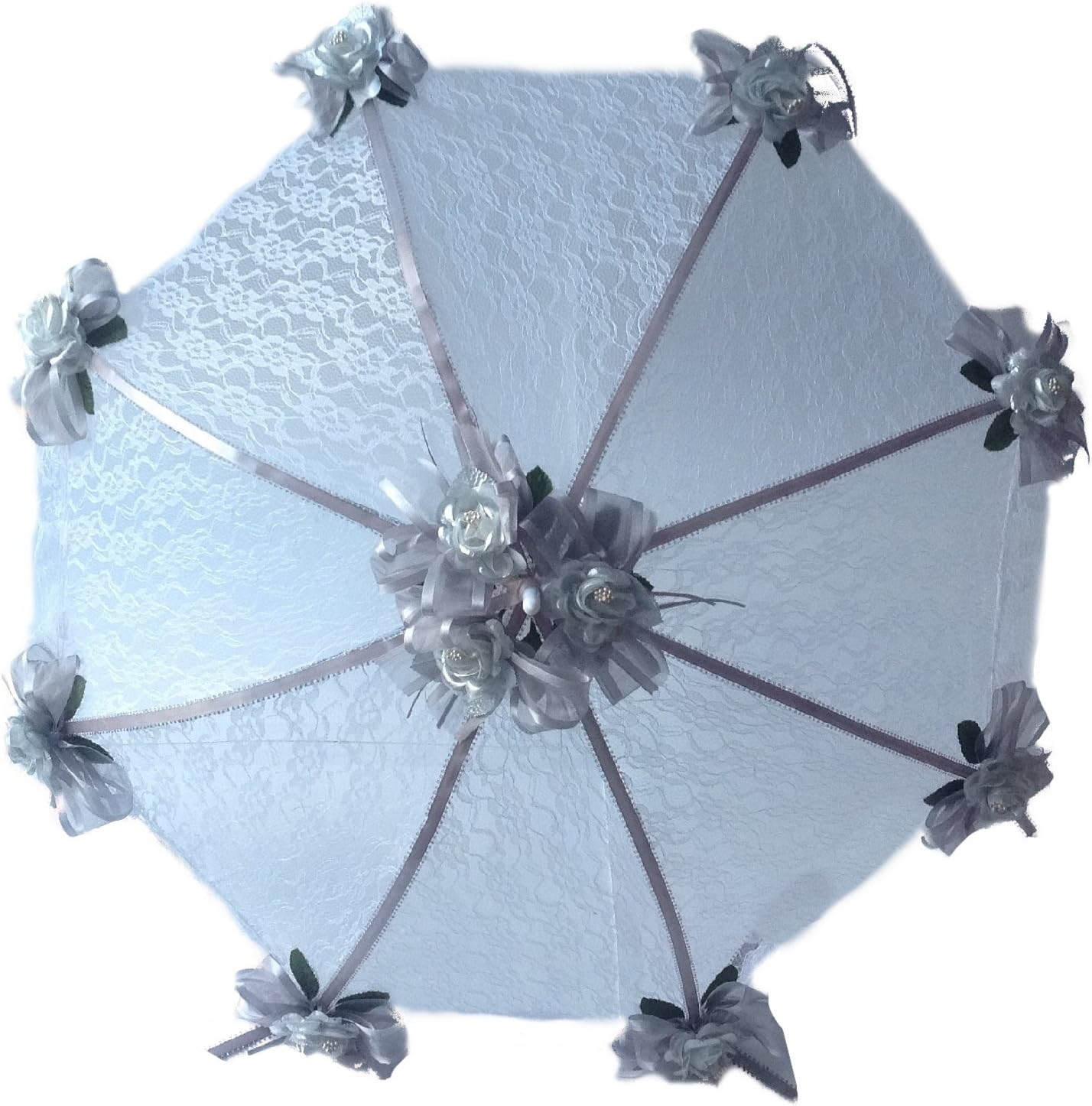 Party Favors Plus Decorated Bridal Shower White Lace Umbrella Parasol 32" Silver Roses