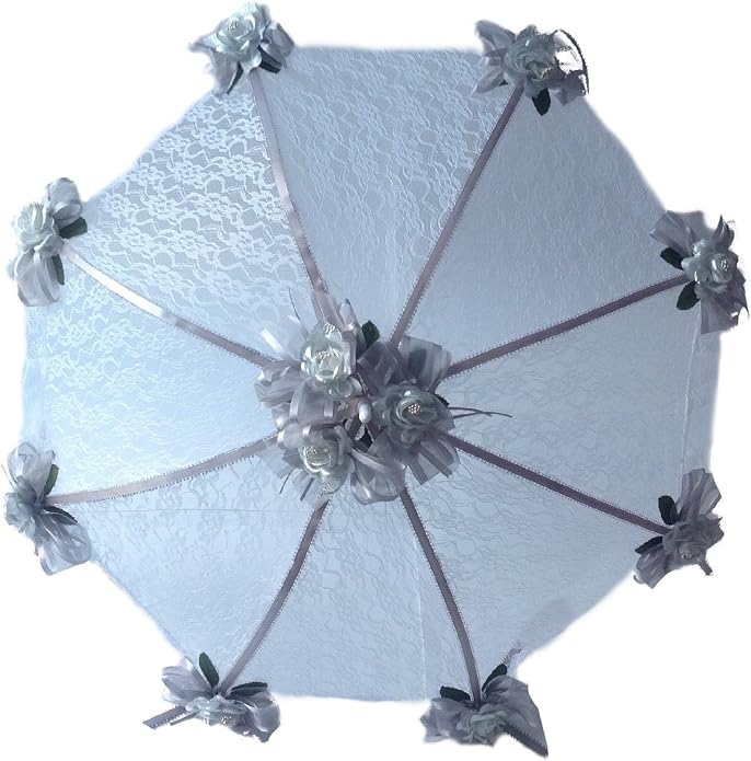 Party Favors Plus Decorated Bridal Shower White Lace Umbrella Parasol 32" Silver Roses