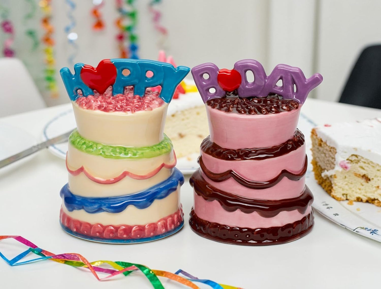 Cosmos Gifts Fine Ceramic Happy Birthday Cakes Salt and Pepper Shakers Set 3-1/4" H Pink Blue Purple