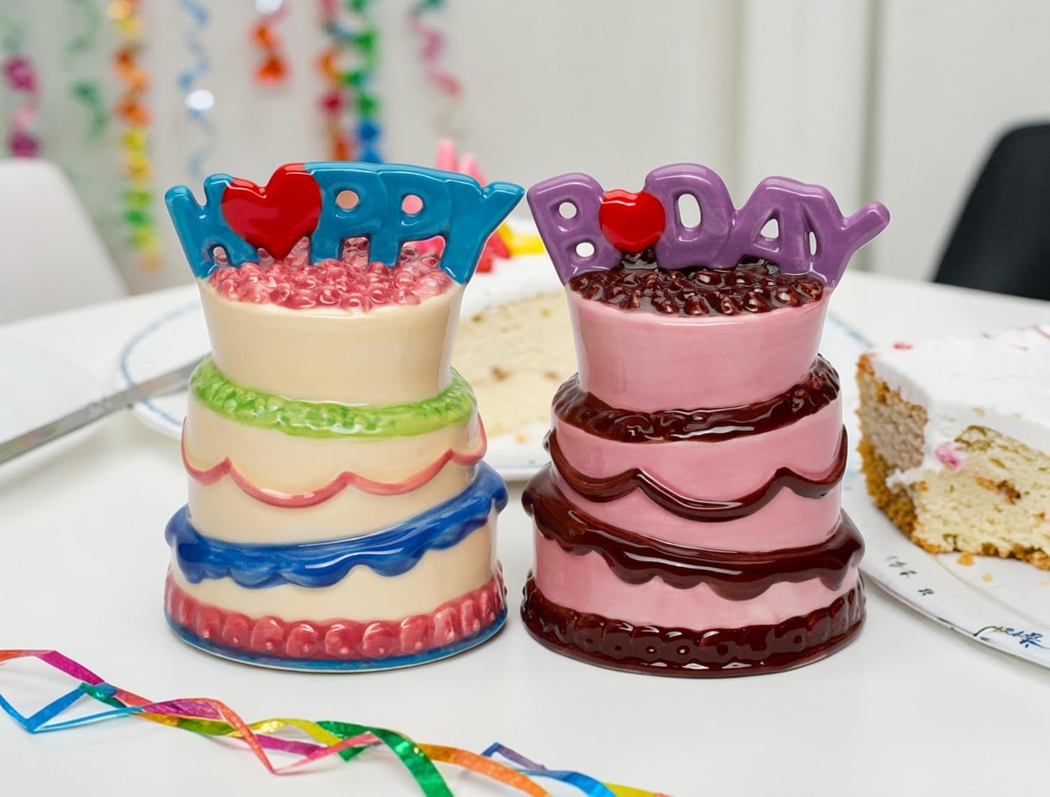 Cosmos Gifts Fine Ceramic Happy Birthday Cakes Salt and Pepper Shakers Set 3-1/4" H Pink Blue Purple