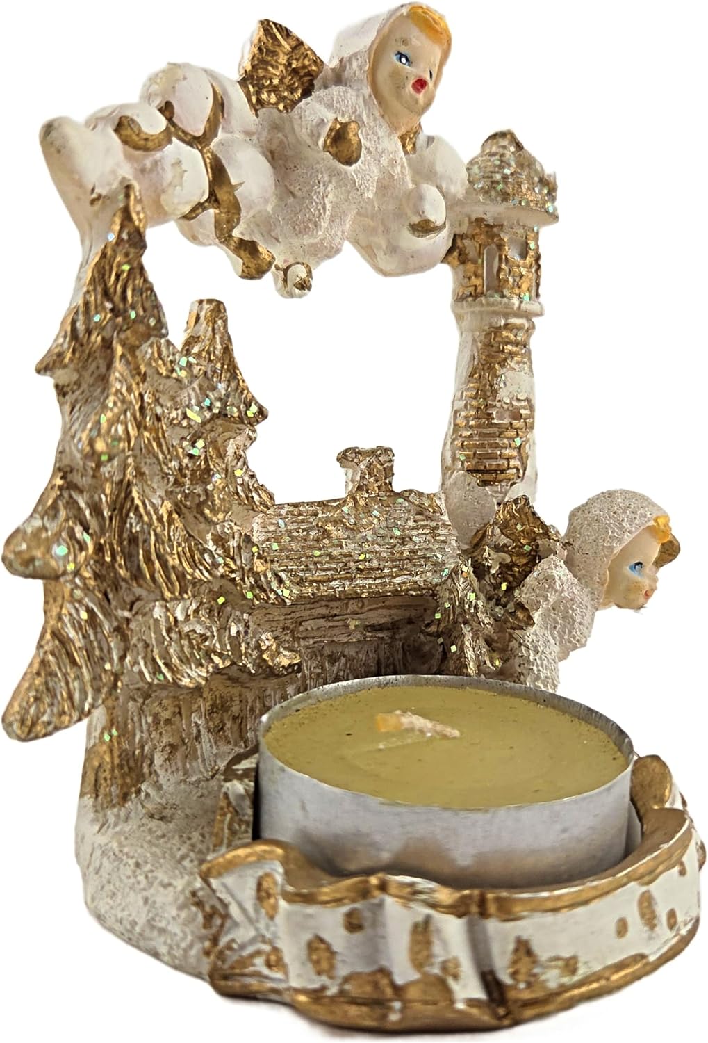 Party Favors Plus White Gold Polyresin Angel Figurine Tea Light Holder Set of 2