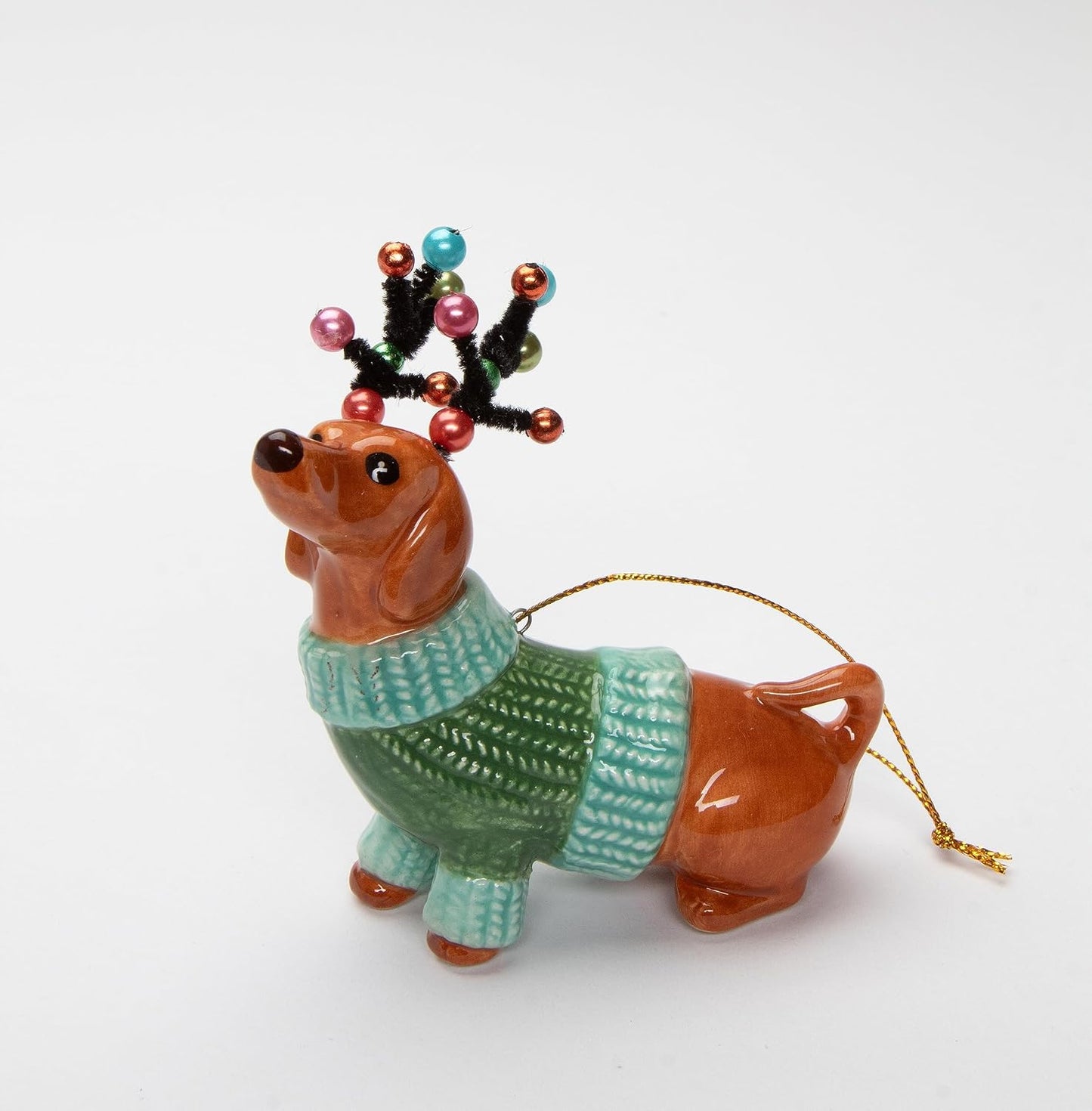 Cosmos Gifts Fine Ceramic Dachshund Dog in Green Sweater with Reindeer Antlers Ornament 3-7/8" H