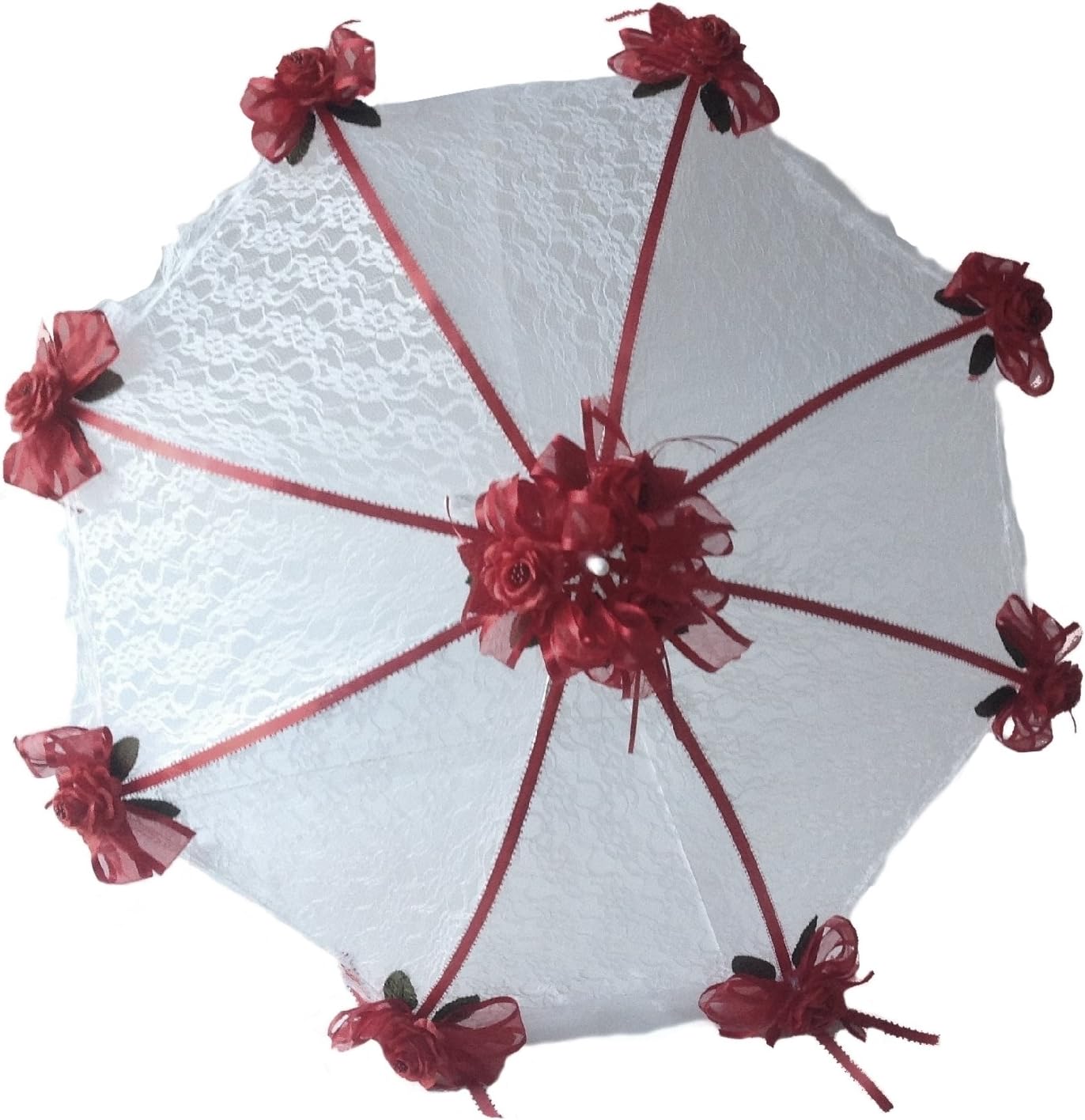 Party Favors Plus Decorated Bridal Shower White Lace Umbrella Parasol 36" Burgundy Roses