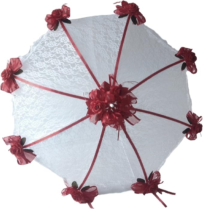 Party Favors Plus Decorated Bridal Shower White Lace Umbrella Parasol 36" Burgundy Roses