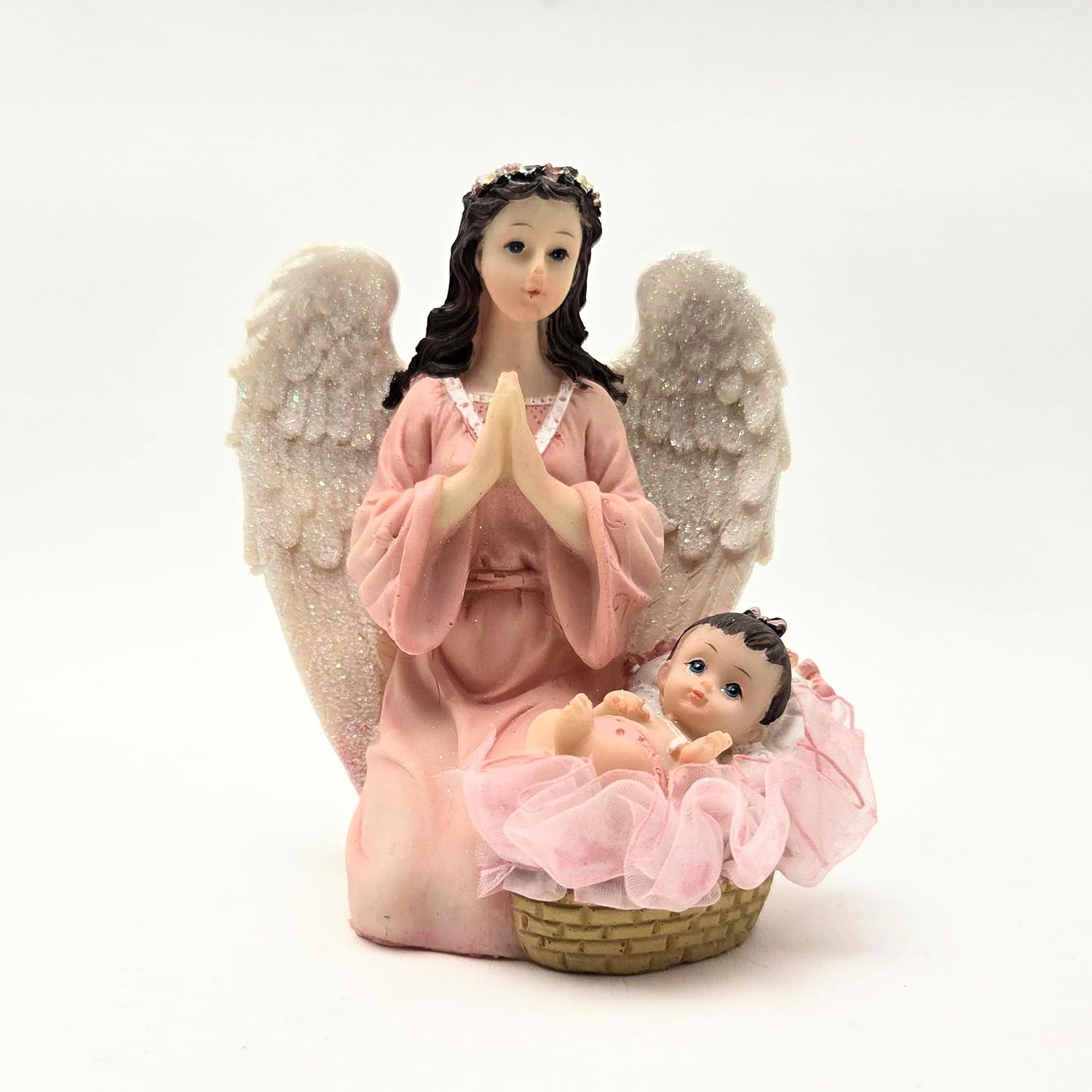 Party Favors Plus Pink White Polyresin Angel Praying Over Baby Figurine 5 Inch