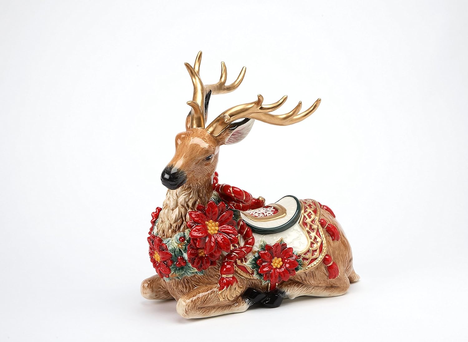 Cosmos Gifts Fine Ceramic Sitting Reindeer with Gold Accents Antlers and Red Poinsettia Figurine 10-1/2" H