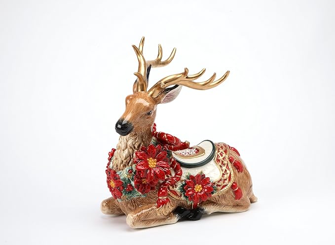 Cosmos Gifts Fine Ceramic Sitting Reindeer with Gold Accents Antlers and Red Poinsettia Figurine 10-1/2" H