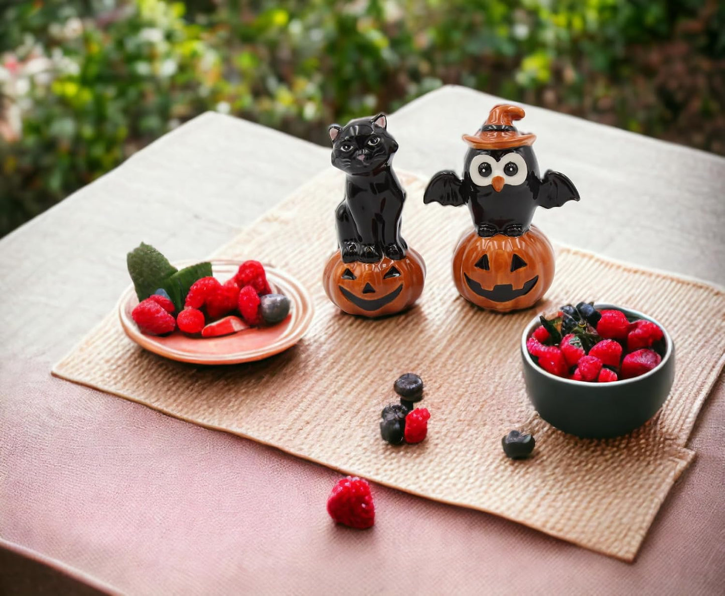 Cosmos Gifts Fine Ceramic Black Cat & Owl on Pumpkin Salt & Pepper Shakers Set 3-3/4" H