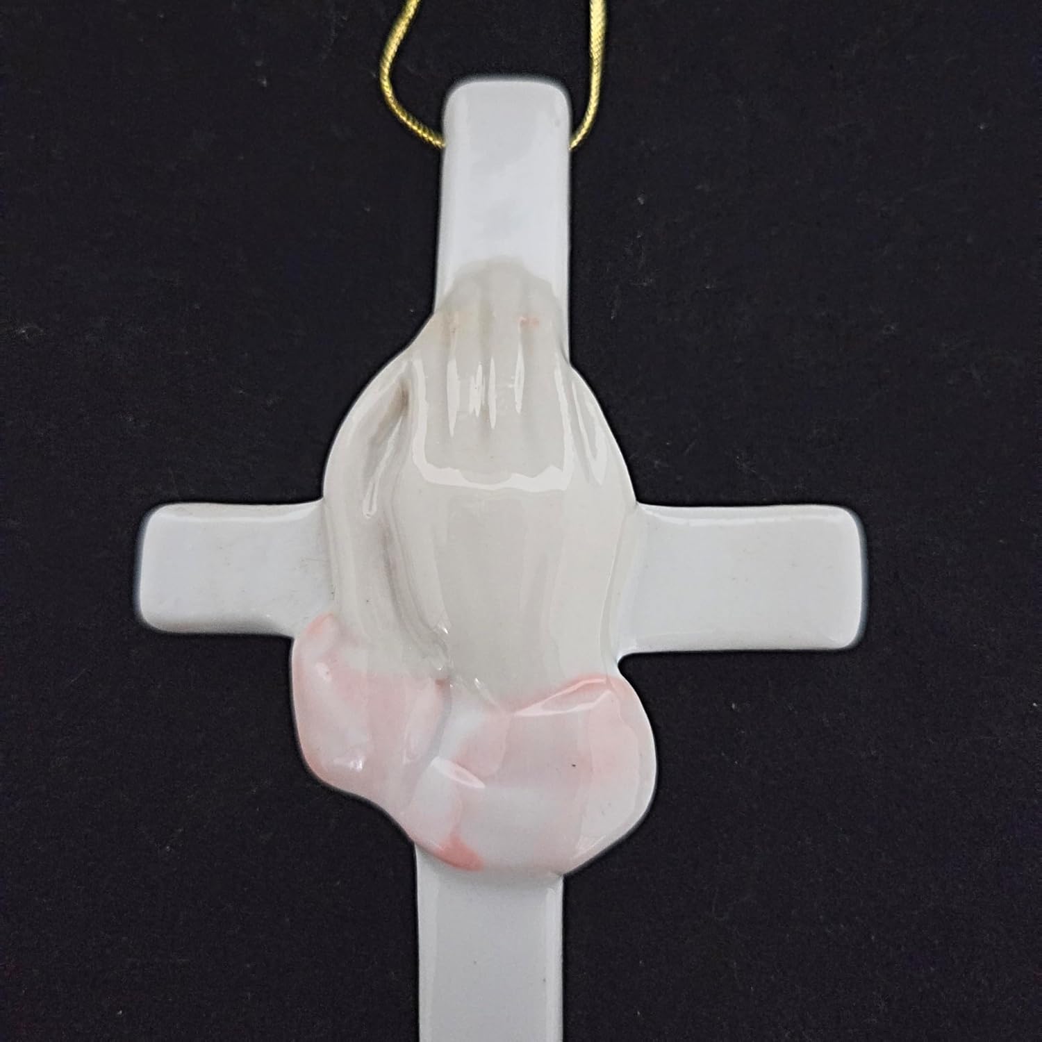 Party Favors Plus White Pink Ceramic Cross Praying Hands Ornament 6 Inch Set of 2