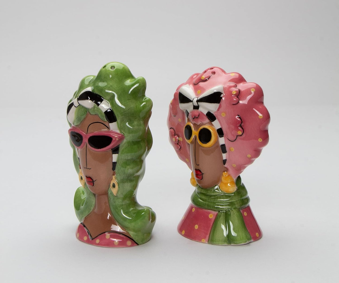 Cosmos Gifts Fine Ceramic Dollymama's African American Fashion Lady with Sunglasses Salt & Pepper Shakers Set 4-3/8" H Brown