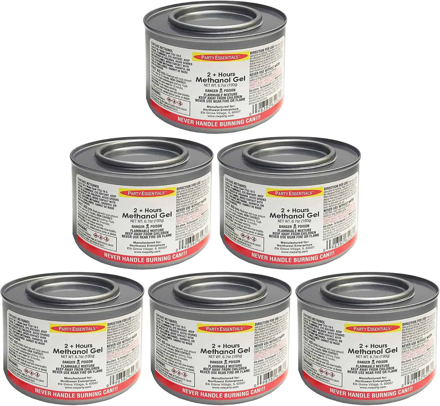 Party Essentials Chafing Dish Jelled Methanol Warming Fuel, 6-Pack, Silver