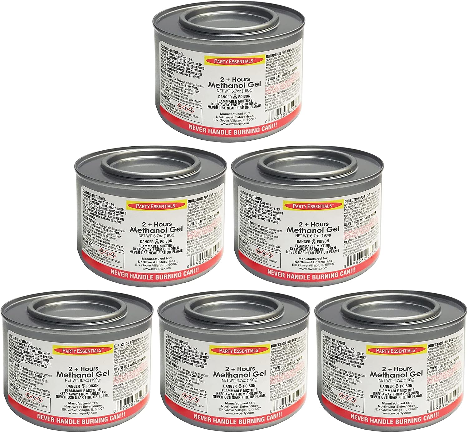 Party Essentials Chafing Dish Jelled Methanol Warming Fuel, 6-Pack, Silver