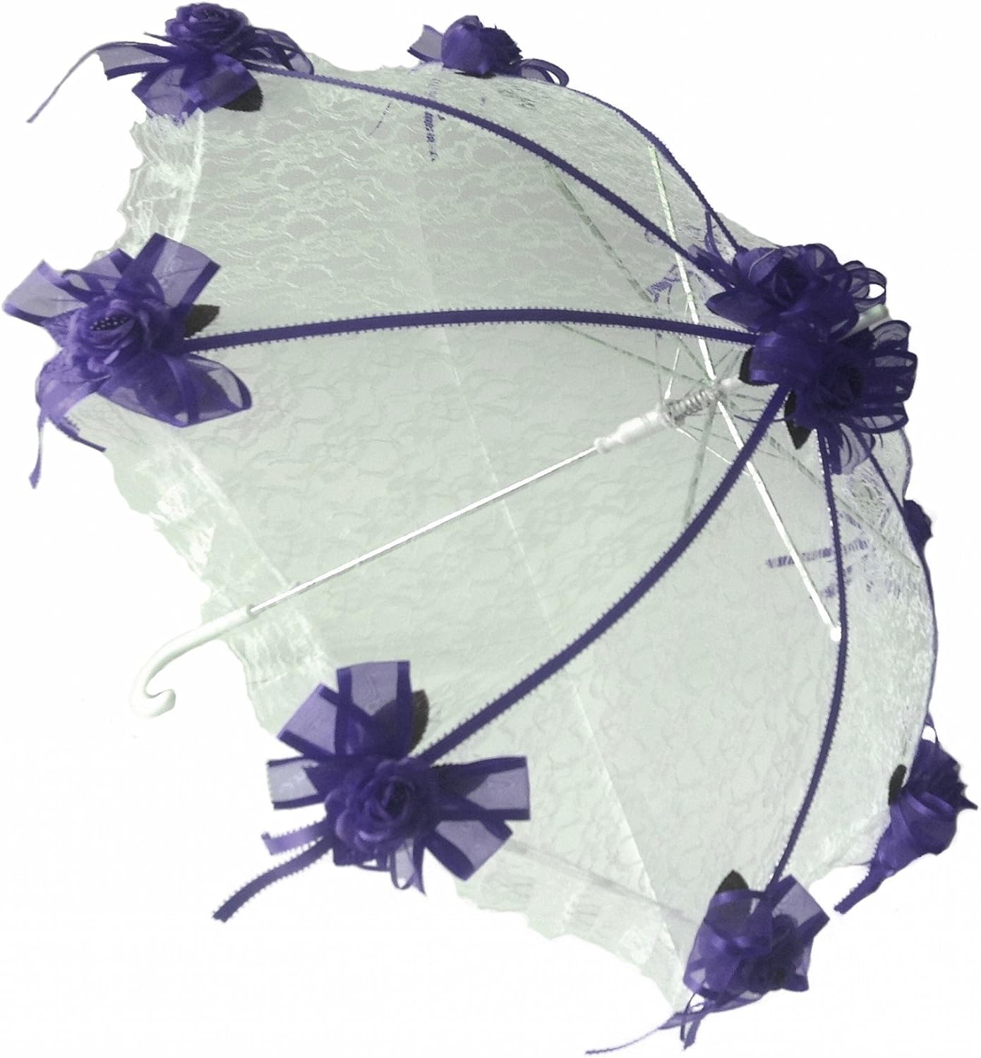 Party Favors Plus White Lace Umbrella Parasol 36 in Purple Roses