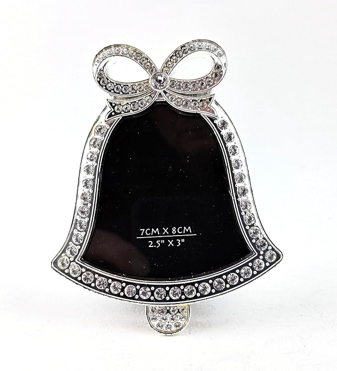 Party Favors Plus Bell Shaped Photo Frame Silver Metal Rhinestone Bow 4.5 Inch