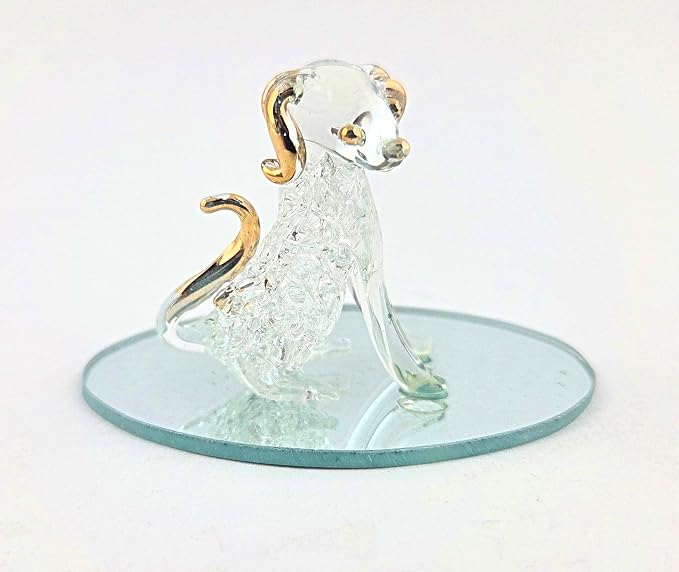 Party Favors Plus Glass Dog Figurine Gold Accents Oval Mirror Base 2.5 Inch