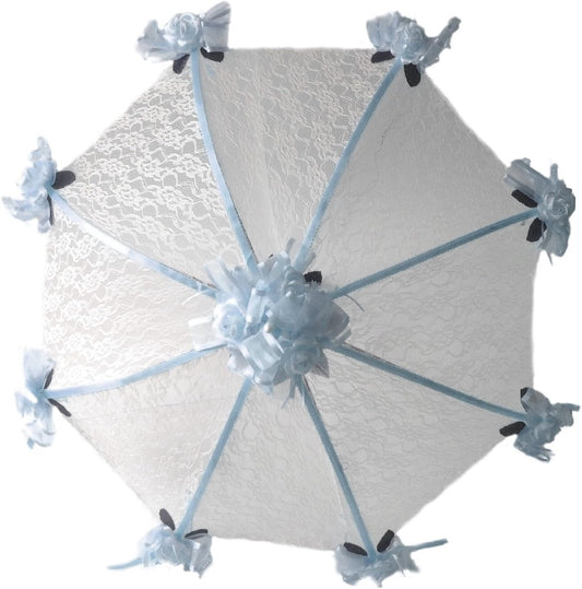 Party Favors Plus White Lace Umbrella Parasol 36 in Light Blue Roses