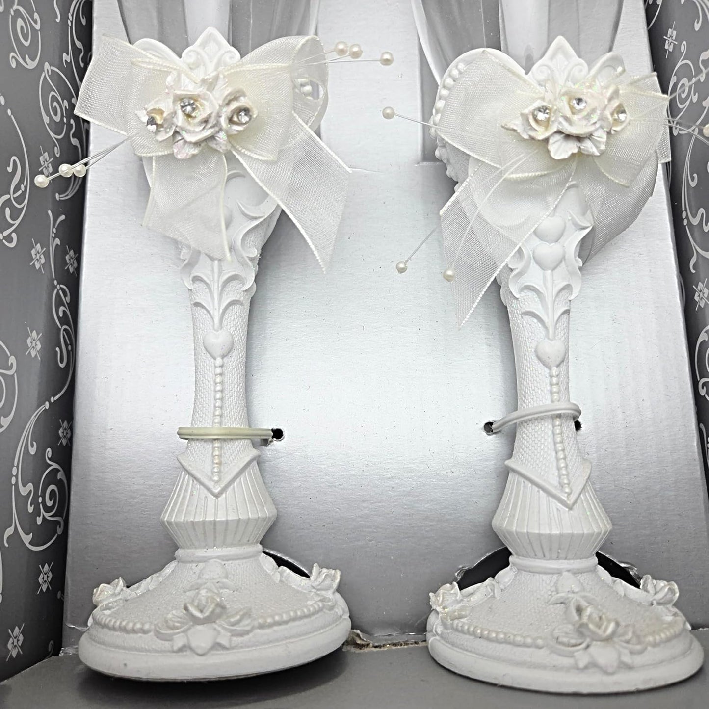 Party Favors Plus White Polyresin Wedding Toasting Flutes with Rose Design 9.5 Inch Set of 2