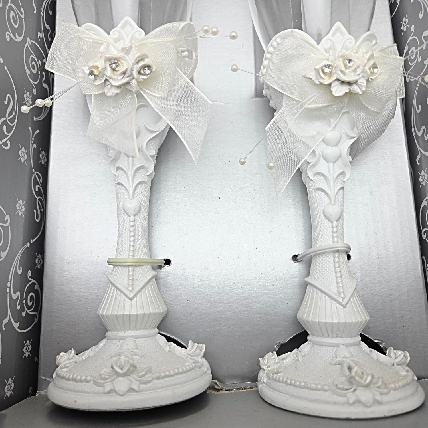 Party Favors Plus White Polyresin Wedding Toasting Flutes with Rose Design 9.5 Inch Set of 2