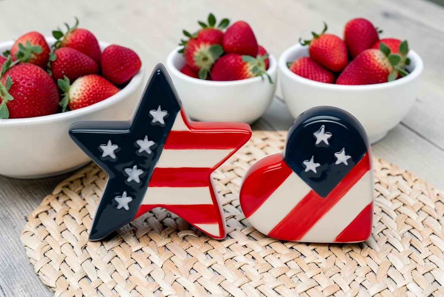 Cosmos Gifts Fine Ceramic Independence Day USA Stars and Stripes Salt & Pepper Shakers Set 3-1/8" H Red White Blue